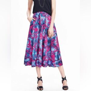 Banana Republic Flowy Midi Skirt Bright Floral Pattern Ladder Lace Pockets Sz 12